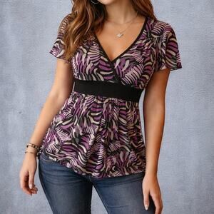 2000s BCX Purple Abstract Print Empire Waist Top Large Made in USA